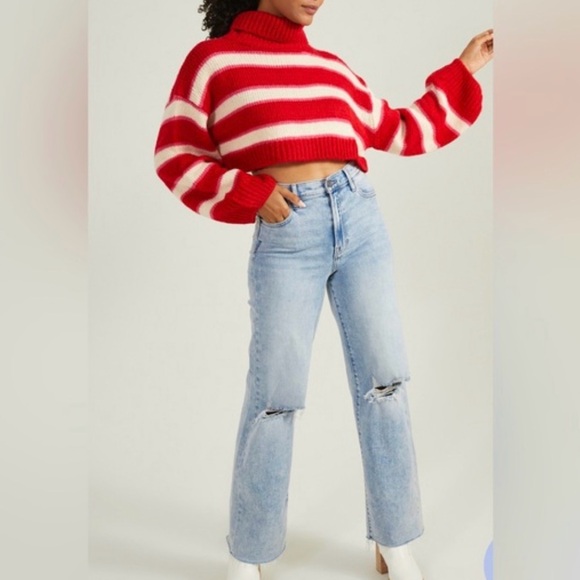 NWT Altar'd State Striped Turtleneck Cropped Sweater Women Size XL Red/Cream - Picture 1 of 10